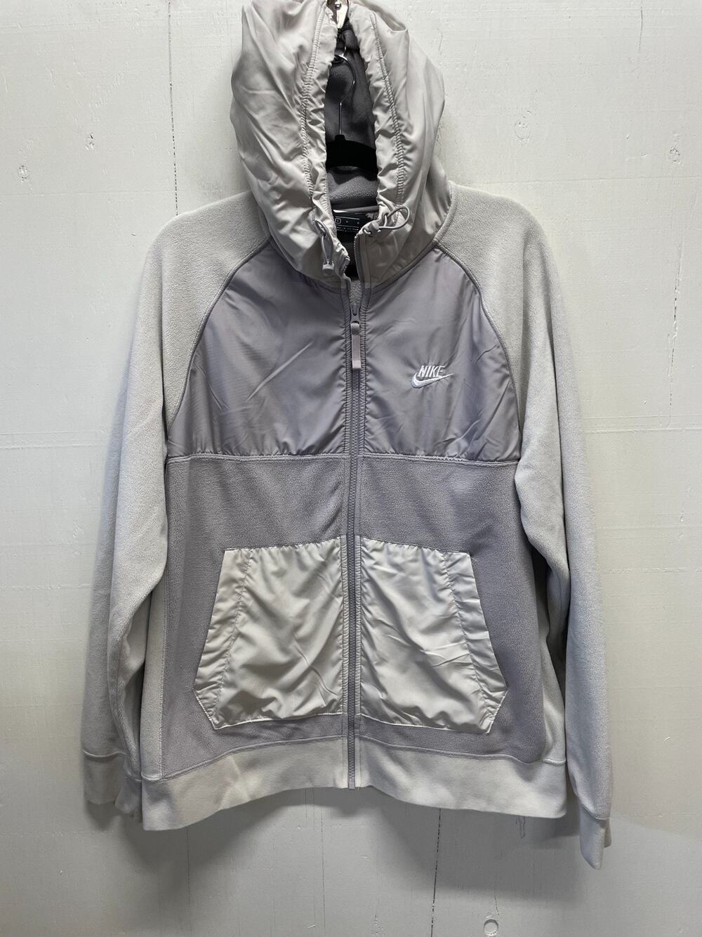 Nike Mens Full-Zip Hooded Jacket Fleece Gray Size Large Contrasting Nylon Panels